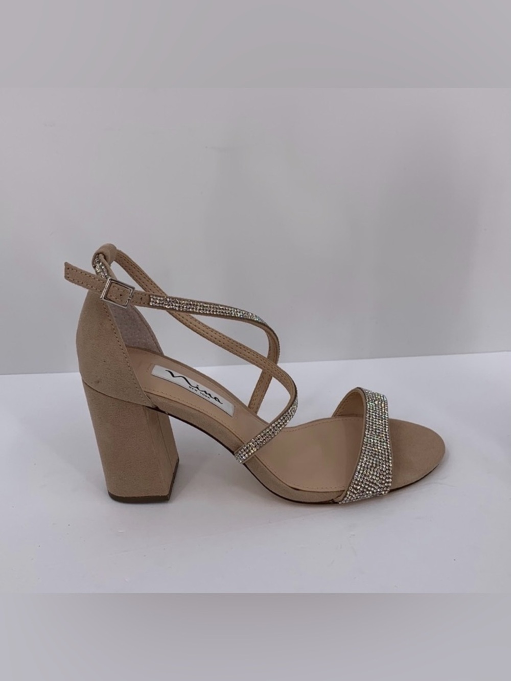 Nina Henesi strappy crisscross block heel sandal tan suede crystal rhinestone 7